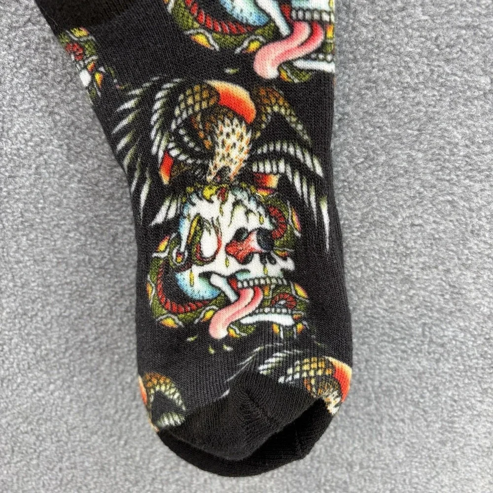Ed Hardy Socks Mens One Size Black Skull Snake Tattoo Print Mid Calf